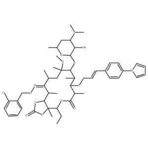 Erythromcyin, 3-O-de(2,6-dideoxy-3-C-methyl-3-O-methyl-I+/--L-ribo-hexopyranosyl)-3-O-[(2E)-3-[4-(1H-imidazol-1-yl)phenyl]-2-propen-1-yl]-6-O-methyl-, 9-[O-[(2-chlorophenyl)methyl]oxime], cyclic 11,12-carbonate, (9E)-结构式