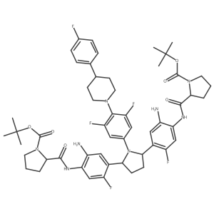 1-Pyrrolidinecarboxylic acid, 2,2a(2)-[[(2R,5R)-1-[3,5-difluoro-4-[4-(4-fluorophenyl)-1-piperidinyl]phenyl]-2,5-pyrrolidinediyl]bis[(2-amino-5-fluoro-4,1-phenylene)iminocarbonyl]]bis-, 1,1a(2)-bis(1,1-dimethylethyl) ester, (2S,2a(2)S)-结构式