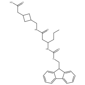 2-(3-{[3-({[(9H-fluoren-9-yl)methoxy]carbonyl}amino)hexanamido]methyl}cyclobutyl)acetic acid结构式