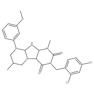 3-[(2,4-dichlorophenyl)methyl]-9-(3-methoxyphenyl)-1,7-dimethyl-6,7,8,9a,10,10a-hexahydro-4aH-purino[7,8-a]pyrimidine-2,4-dione Structure
