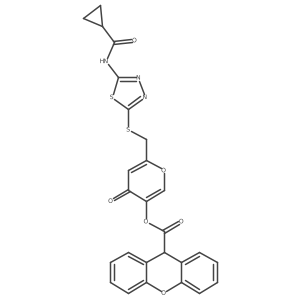 6-(((5-(cyclopropanecarboxamido)-1,3,4-thiadiazol-2-yl)thio)methyl)-4-oxo-4H-pyran-3-yl 9H-xanthene-9-carboxylate结构式