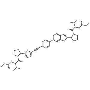 (1-{2-[6-(4-{2-[1-(2-Methoxycarbonylamino-3-methyl-butyryl)-pyrrolidin-2-yl]-3H-imidazol-4-ylethynyl}-phenyl)-1H-benzoimidazol-2-yl]-pyrrolidine-1-carbonyl}-2-methyl-propyl)-carbamic acid methyl ester Structure