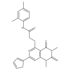 2-((6,8-dimethyl-5,7-dioxo-2-(thiophen-2-yl)-5,6,7,8-tetrahydropyrimido[4,5-d]pyrimidin-4-yl)thio)-N-(2,4-dimethylphenyl)acetamide结构式