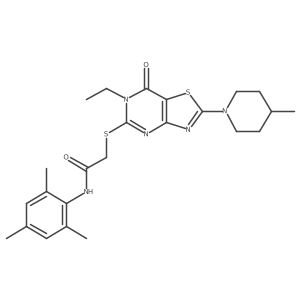 2-{[6-ethyl-2-(4-methylpiperidin-1-yl)-7-oxo-6H,7H-[1,3]thiazolo[4,5-d]pyrimidin-5-yl]sulfanyl}-N-(2,4,6-trimethylphenyl)acetamide结构式