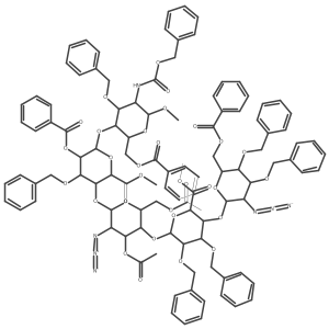 methyl (2S,3S,4S,5R,6R)-6-[(2R,3S,4R,5R,6R)-4-acetyloxy-2-(acetyloxymethyl)-5-azido-6-[(2R,3S,4S,5R,6R)-5-benzoyloxy-6-[(2R,3S,4R,5R,6S)-2-(benzoyloxymethyl)-6-methoxy-4-phenylmethoxy-5-(phenylmethoxycarbonylamino)oxan-3-yl]oxy-2-methoxycarbonyl-4-phenylmethoxyoxan-3-yl]oxyoxan-3-yl]oxy-3-[(2R,3R,4R,5S,6R)-3-azido-6-(benzoyloxymethyl)-4,5-bis(phenylmethoxy)oxan-2-yl]oxy-4,5-bis(phenylmethoxy)oxane-2-carboxylate结构式