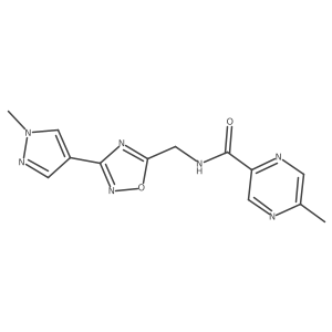 5-methyl-N-((3-(1-methyl-1H-pyrazol-4-yl)-1,2,4-oxadiazol-5-yl)methyl)pyrazine-2-carboxamide结构式