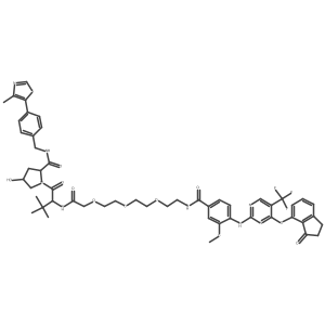 (2S,4S)-4-hydroxy-1-[(2S)-2-(2-{2-[2-(2-{[3-methoxy-4-({4-[(3-oxo-2,3-dihydro-1H-inden-4-yl)oxy]-5-(trifluoromethyl)pyrimidin-2-yl}amino)phenyl]formamido}ethoxy)ethoxy]ethoxy}acetamido)-3,3-dimethylbutanoyl]-N-{[4-(4-methyl-1,3-thiazol-5-yl)phenyl]methyl}pyrrolidine-2-carboxamide结构式