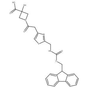 1-(2-{2-[({[(9H-fluoren-9-yl)methoxy]carbonyl}amino)methyl]-1,3-thiazol-4-yl}acetyl)-3-hydroxyazetidine-3-carboxylic acid结构式