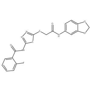 N-(5-((2-(benzo[d][1,3]dioxol-5-ylamino)-2-oxoethyl)thio)-1,3,4-thiadiazol-2-yl)-2-fluorobenzamide结构式