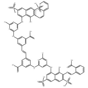 3,3a(2)-(1E)-1,2-Diazenediylbis[5-[[4-[[7-[(1E)-2-(2-carboxyphenyl)diazenyl]-8-hydroxy-3,6-disulfo-1-naphthalenyl]amino]-6-chloro-1,3,5-triazin-2-yl]amino]benzoic acid]结构式