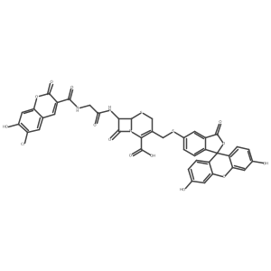 (6R,7R)-7-[[2-[(6-chloro-7-hydroxy-2-oxochromene-3-carbonyl)amino]acetyl]amino]-3-[(3',6'-dihydroxy-3-oxospiro[2-benzofuran-1,9'-xanthene]-5-yl)sulfanylmethyl]-8-oxo-5-thia-1-azabicyclo[4.2.0]oct-2-ene-2-carboxylic acid Structure