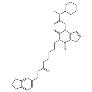 N-(1,3-benzodioxol-5-ylmethyl)-6-[1-[2-[cyclohexyl(methyl)amino]-2-oxo-ethyl]-2,4-dioxo-thieno[3,2-d]pyrimidin-3-yl]hexanamide结构式