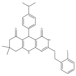 5-(4-(dimethylamino)phenyl)-2-((2-fluorobenzyl)thio)-8,8-dimethyl-7,8,9,10-tetrahydropyrimido[4,5-b]quinoline-4,6(3H,5H)-dione Structure