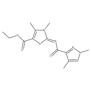 (E)-ethyl 2-((1,4-dimethyl-1H-pyrazole-3-carbonyl)imino)-3,4-dimethyl-2,3-dihydrothiazole-5-carboxylate结构式