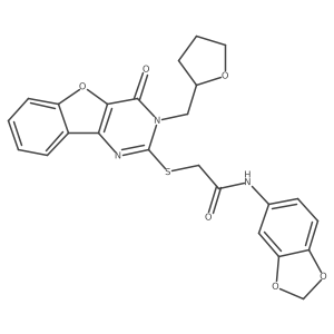 N-(1,3-benzodioxol-5-yl)-2-{[4-oxo-3-(tetrahydrofuran-2-ylmethyl)-3,4-dihydro[1]benzofuro[3,2-d]pyrimidin-2-yl]sulfanyl}acetamide结构式