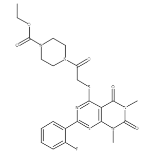 Ethyl 4-(2-((2-(2-fluorophenyl)-6,8-dimethyl-5,7-dioxo-5,6,7,8-tetrahydropyrimido[4,5-d]pyrimidin-4-yl)thio)acetyl)piperazine-1-carboxylate Structure