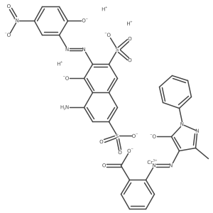 Chromate(3-), [5-amino-4-(hydroxy-kappaO)-3-[2-[2-(hydroxy-kappaO)-5-nitrophenyl]diazenyl-kappaN1]-2,7-naphthalenedisulfonato(4-)][2-[2-[4,5-dihydro-3-methyl-5-(oxo-kappaO)-1-phenyl-1H-pyrazol-4-yl]diazenyl-kappaN1]benzoato(2-)-kappaO]-, hydrogen (1:3) Structure