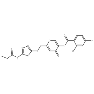 4-oxo-6-(((5-propionamido-1,3,4-thiadiazol-2-yl)thio)methyl)-4H-pyran-3-yl 2,4-dichlorobenzoate结构式