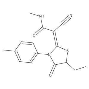 2-cyano-2-[5-ethyl-3-(4-methylphenyl)-4-oxo-1,3-thiazolidin-2-ylidene]-N-methylacetamide结构式