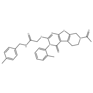 2-((7-acetyl-4-oxo-3-(o-tolyl)-3,4,5,6,7,8-hexahydropyrido[4',3':4,5]thieno[2,3-d]pyrimidin-2-yl)thio)-N-(4-methylbenzyl)acetamide结构式