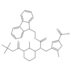 4-({[(2R,3S)-1-[(tert-butoxy)carbonyl]-2-methylpiperidin-3-yl]({[(9H-fluoren-9-yl)methoxy]carbonyl})amino}methyl)-5-methylfuran-2-carboxylic acid结构式