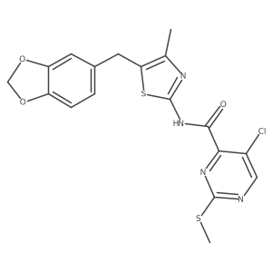 N-{5-[(1,3-dioxaindan-5-yl)methyl]-4-methyl-1,3-thiazol-2-yl}-5-chloro-2-(methylsulfanyl)pyrimidine-4-carboxamide结构式