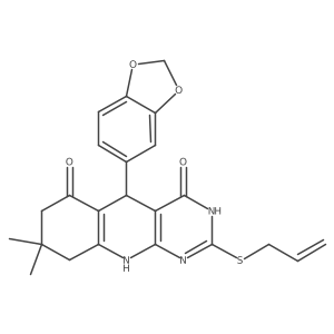 2-(allylthio)-5-(benzo[d][1,3]dioxol-5-yl)-8,8-dimethyl-7,8,9,10-tetrahydropyrimido[4,5-b]quinoline-4,6(3H,5H)-dione结构式