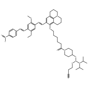 2-Cyanoethyl 1-(6-{[9-({2,5-dimethoxy-4-[(4-nitrophenyl)diazenyl]phenyl}diazenyl)-2,3,6,7-tetrahydro-1H,5H-pyrido[3,2,1-ij]quinolin-8-yl]oxy}hexanoyl)-4-piperidinyl N,N-di-2-propanylphosphoramidoite Structure