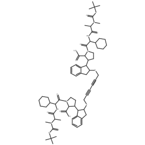 tert-butyl N-[(2S)-1-[[(1S)-2-[(2S)-2-carbamoyl-3-[(1S,2R)-2-[6-[[(1S,2R)-1-[(2S)-2-carbamoyl-1-[(2S)-2-cyclohexyl-2-[[(2S)-2-[methyl-[(2-methylpropan-2-yl)oxycarbonyl]amino]propanoyl]amino]acetyl]pyrrolidin-3-yl]-2,3-dihydro-1H-inden-2-yl]oxy]hexa-2,4-diynoxy]-2,3-dihydro-1H-inden-1-yl]pyrrolidin-1-yl]-1-cyclohexyl-2-oxoethyl]amino]-1-oxopropan-2-yl]-N-methylcarbamate Structure