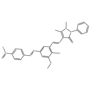 4-{[(E)-{2-hydroxy-3-methoxy-5-[(Z)-(4-nitrophenyl)diazenyl]phenyl}methylidene]amino}-1,5-dimethyl-2-phenyl-1,2-dihydro-3H-pyrazol-3-one结构式