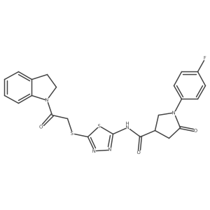 1-(4-fluorophenyl)-N-(5-((2-(indolin-1-yl)-2-oxoethyl)thio)-1,3,4-thiadiazol-2-yl)-5-oxopyrrolidine-3-carboxamide结构式