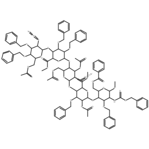 Methyl 6-O-acetyl-3,4-di-O-benzyl-2-deoxy-2-azido-alpha-D-glucopyranosyl-(1-4)-(methyl 2,3-di-O-benzyl-beta-D-glucopyranosyluronate)-(1-4)-3,6-di-O-acetyl-2-deoxy-2-azido-alpha-D-glucopyranosyl-(1-4)-(methyl 2-O-acetyl-3-O-benzyl-alpha-L-idopyranosyluronate)-(1-4)-6-O-benzoyl-3-O-benzyl-2-deoxy-2-benzyloxycarbonylamino-alpha-D-glucopyranoside结构式