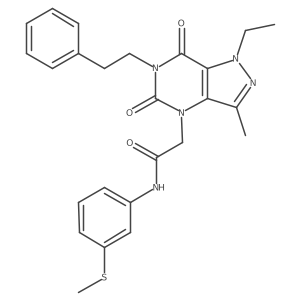 2-(1-ethyl-3-methyl-5,7-dioxo-6-phenethyl-6,7-dihydro-1H-pyrazolo[4,3-d]pyrimidin-4(5H)-yl)-N-(3-(methylthio)phenyl)acetamide结构式