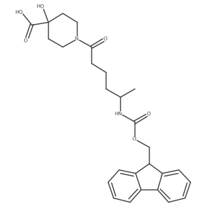 1-[5-({[(9H-fluoren-9-yl)methoxy]carbonyl}amino)hexanoyl]-4-hydroxypiperidine-4-carboxylic acid结构式