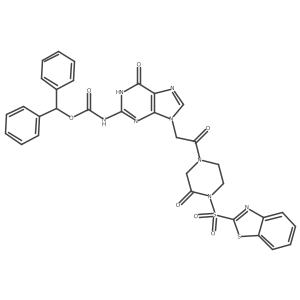 Benzhydryl (9-(2-(4-(benzo[d]thiazol-2-ylsulfonyl)-3-oxopiperazin-1-yl)-2-oxoethyl)-6-oxo-6,9-dihydro-1H-purin-2-yl)carbamate Structure