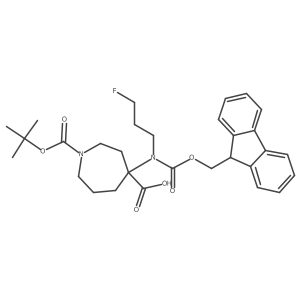 1-[(tert-butoxy)carbonyl]-4-({[(9H-fluoren-9-yl)methoxy]carbonyl}(3-fluoropropyl)amino)azepane-4-carboxylic acid结构式