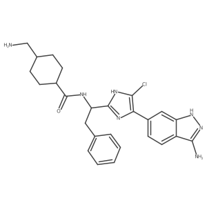 Cyclohexanecarboxamide, N-[(1S)-1-[4-(3-amino-1H-indazol-6-yl)-5-chloro-1H-imidazol-2-yl]-2-phenylethyl]-4-(aminomethyl)-, trans- Structure