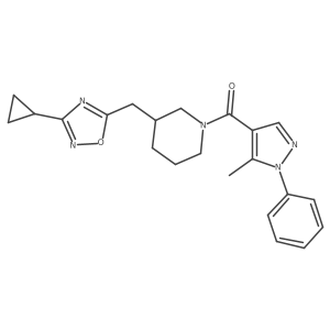 (3-((3-cyclopropyl-1,2,4-oxadiazol-5-yl)methyl)piperidin-1-yl)(5-methyl-1-phenyl-1H-pyrazol-4-yl)methanone结构式