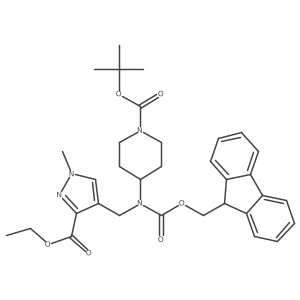 Tert-butyl 4-[(3-ethoxycarbonyl-1-methylpyrazol-4-yl)methyl-(9H-fluoren-9-ylmethoxycarbonyl)amino]piperidine-1-carboxylate Structure