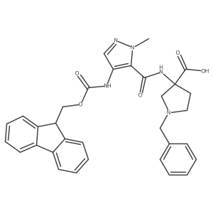 1-benzyl-3-[4-({[(9H-fluoren-9-yl)methoxy]carbonyl}amino)-1-methyl-1H-pyrazole-5-amido]pyrrolidine-3-carboxylic acid结构式