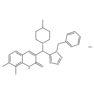 3-[(1-benzyl-1H-1,2,3,4-tetrazol-5-yl)(4-methylpiperidin-1-yl)methyl]-7,8-dimethyl-1,2-dihydroquinolin-2-one hydrochloride结构式