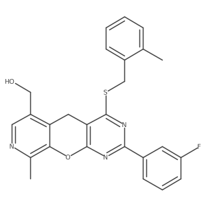 (2-(3-fluorophenyl)-9-methyl-4-((2-methylbenzyl)thio)-5H-pyrido[4',3':5,6]pyrano[2,3-d]pyrimidin-6-yl)methanol Structure