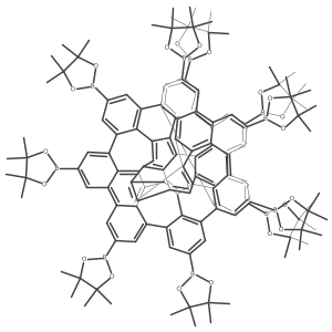 4,4,5,5-Tetramethyl-2-[8,13,18,23,28,33,38,43,48-nonakis(4,4,5,5-tetramethyl-1,3,2-dioxaborolan-2-yl)-3-hexacosacyclo[28.20.10.936,41.331,59.254,57.16,10.111,15.116,56.121,58.146,50.05,51.026,60.161,65.020,67.025,64.035,63.040,77.045,69.052,72.053,79.055,78.062,76.066,73.068,71.070,75.074,80]octaconta-1,3,5,7,9,11,13,15,17,19,21,23,25,27,29,31,33,35,37,39,41,43,45,47,49,51,53(79),54(66),55(78),56(67),57(65),58(64),59,61(80),62,68(71),69,72,74,76-tetracontaenyl]-1,3,2-dioxaborolane结构式