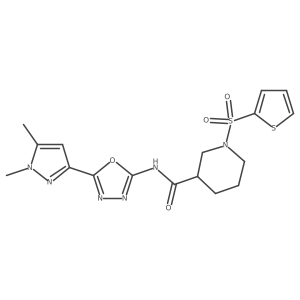 N-(5-(1,5-dimethyl-1H-pyrazol-3-yl)-1,3,4-oxadiazol-2-yl)-1-(thiophen-2-ylsulfonyl)piperidine-3-carboxamide结构式