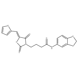 (E)-N-(benzo[d][1,3]dioxol-5-yl)-4-(5-(furan-2-ylmethylene)-4-oxo-2-thioxothiazolidin-3-yl)butanamide结构式