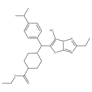 Ethyl 1-((2-ethyl-6-hydroxythiazolo[3,2-b][1,2,4]triazol-5-yl)(4-isopropylphenyl)methyl)piperidine-4-carboxylate结构式