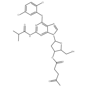Guanosine, 2a(2)-deoxy-6-O-(2,5-dichlorophenyl)-N-(2-methyl-1-oxopropyl)-, 3a(2)-(4-oxopentanoate)结构式