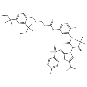 N-[5-[4-[2,4-bis(2-methylbutan-2-yl)phenoxy]butanoylamino]-2-chlorophenyl]-4,4-dimethyl-2-[2-(4-methylphenyl)sulfonylimino-5-propan-2-yl-1,3,4-thiadiazol-3-yl]-3-oxopentanamide结构式