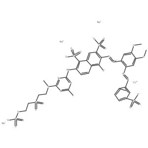 Tetrasodium 2-(4-fluoro-6-(2-(2-sulfonatoethansulfonyl)ethylamino)-1,3,5-triazin-2-ylamino)-5-hydroxy-6-(2-(2-hydroxy-5-sulfonatophenylazo)-4,5-dimethoxyphenylazo)-7-sulfonatonaphthalene-1-sulfonatocuprate(II) Structure
