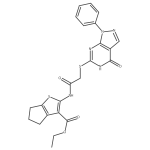 ethyl 2-(2-((4-oxo-1-phenyl-4,5-dihydro-1H-pyrazolo[3,4-d]pyrimidin-6-yl)thio)acetamido)-5,6-dihydro-4H-cyclopenta[b]thiophene-3-carboxylate结构式